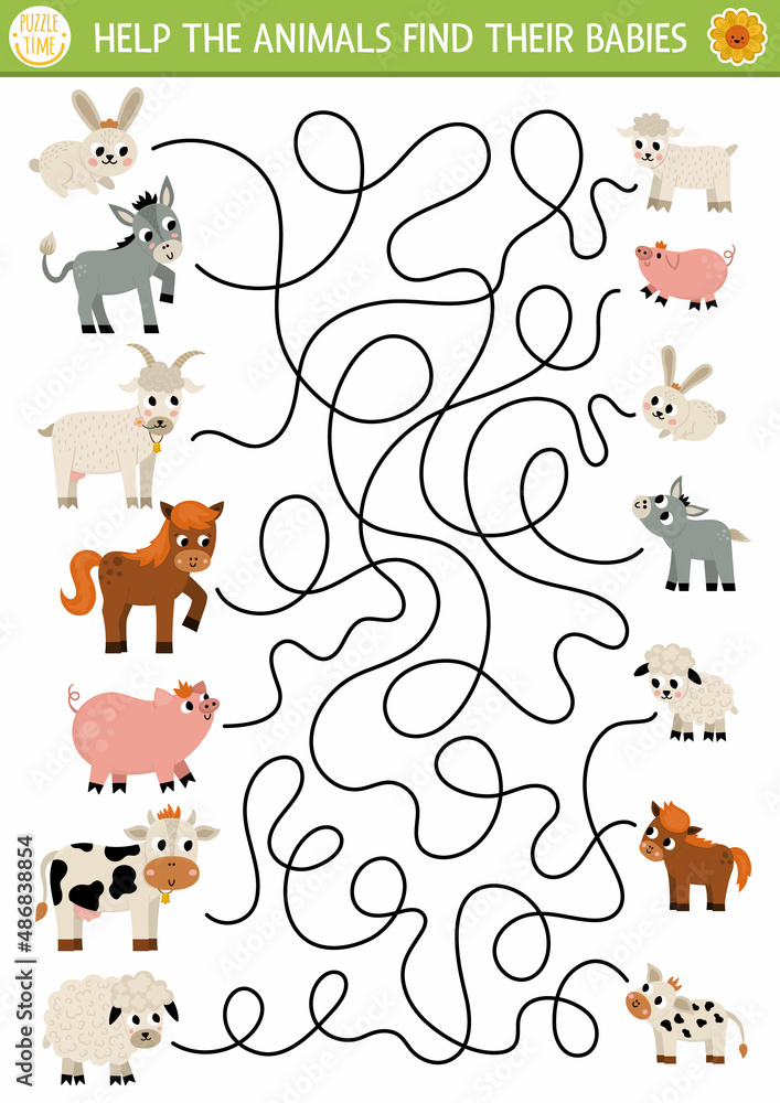 Farm maze for kids with animals and their babies. Country side preschool  printable activity with cute goat, pig, horse, sheep, cow. Mothers day  labyrinth game, puzzle with family love concept. Stock Vector |