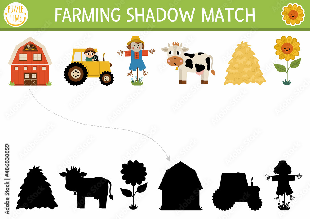Farm shadow matching activity with traditional country symbols. Rural ...