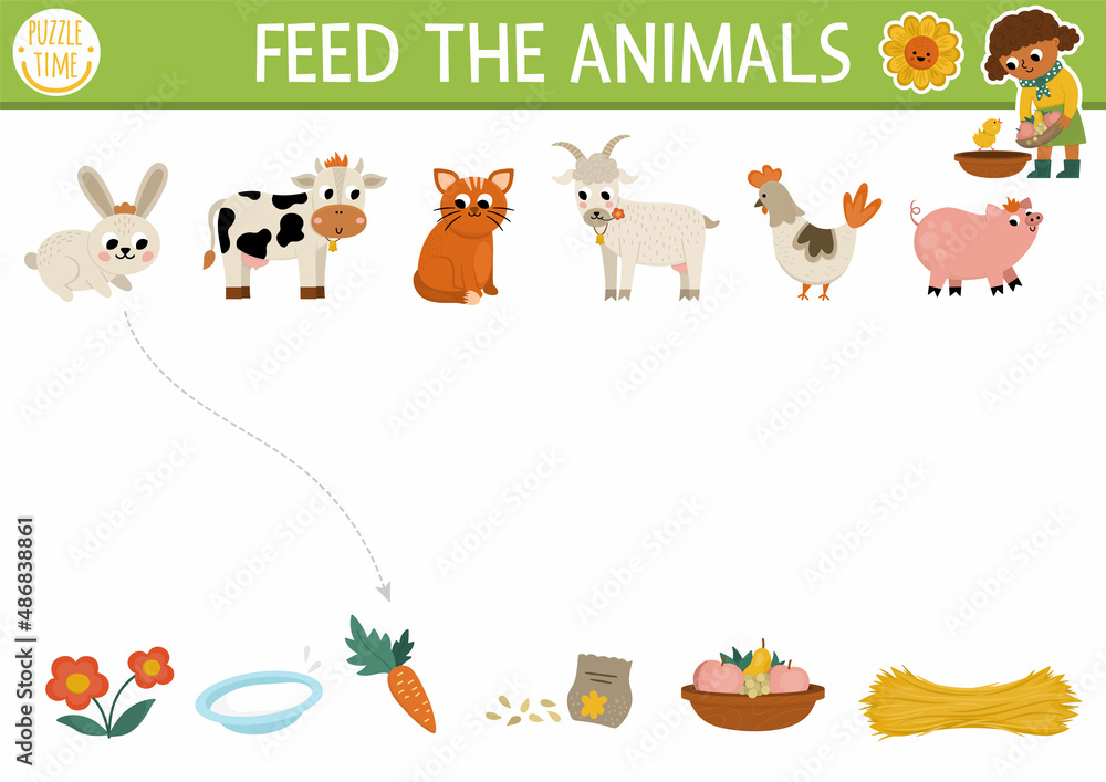 Farm matching activity with cute animals and food. Country puzzle with  rabbit, cow, cat, hen, goat,
