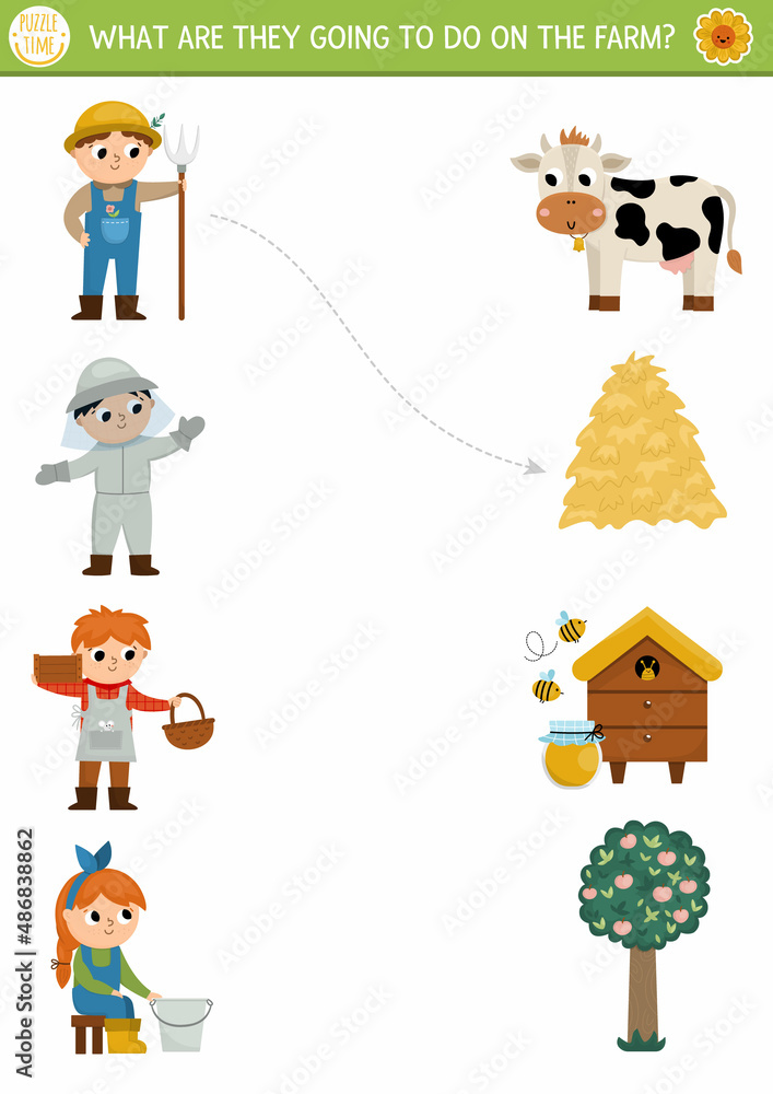 Farm matching activity with cute farmers and their chores. Country