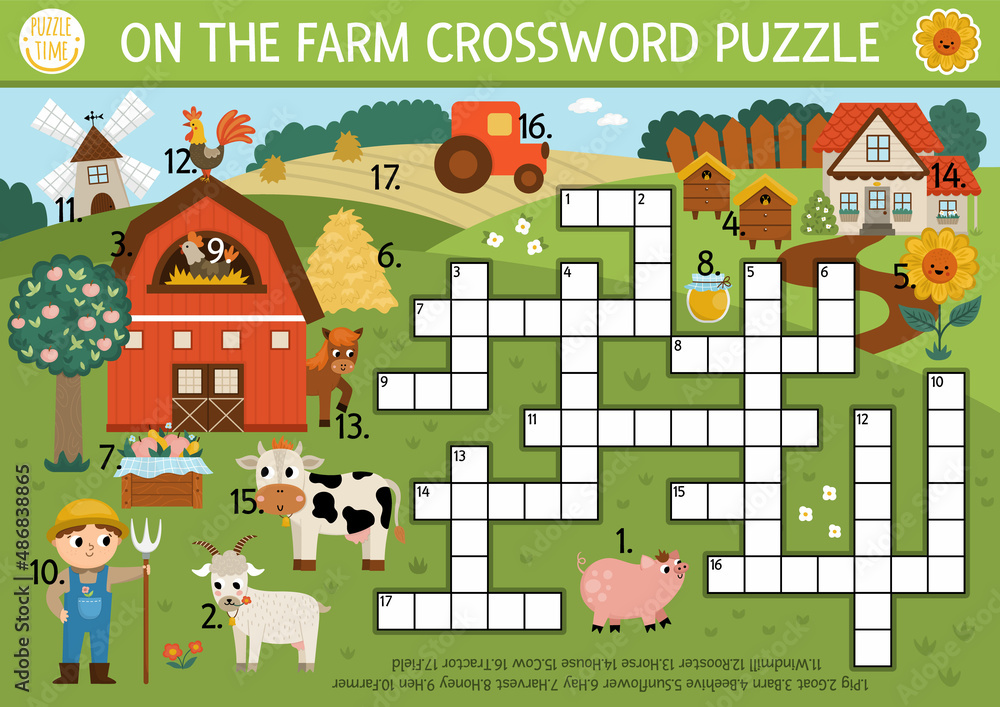 Vector on the farm crossword puzzle for kids Simple farm quiz with rural country landscape for Vector on the farm crossword puzzle for kids Simple farm quiz with rural country landscape for
