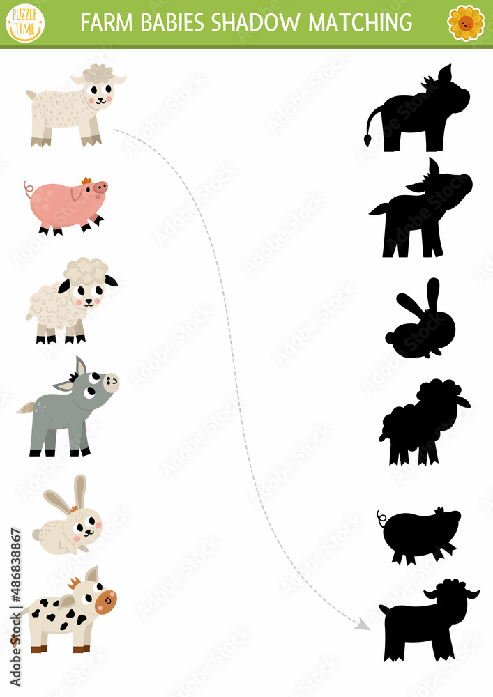 Farm shadow matching activity with baby animals. Country village puzzle  with cute calf, piglet, lamb, kid goat. Find correct silhouette printable  worksheet or game. On the farm page for kids. Stock Vector |