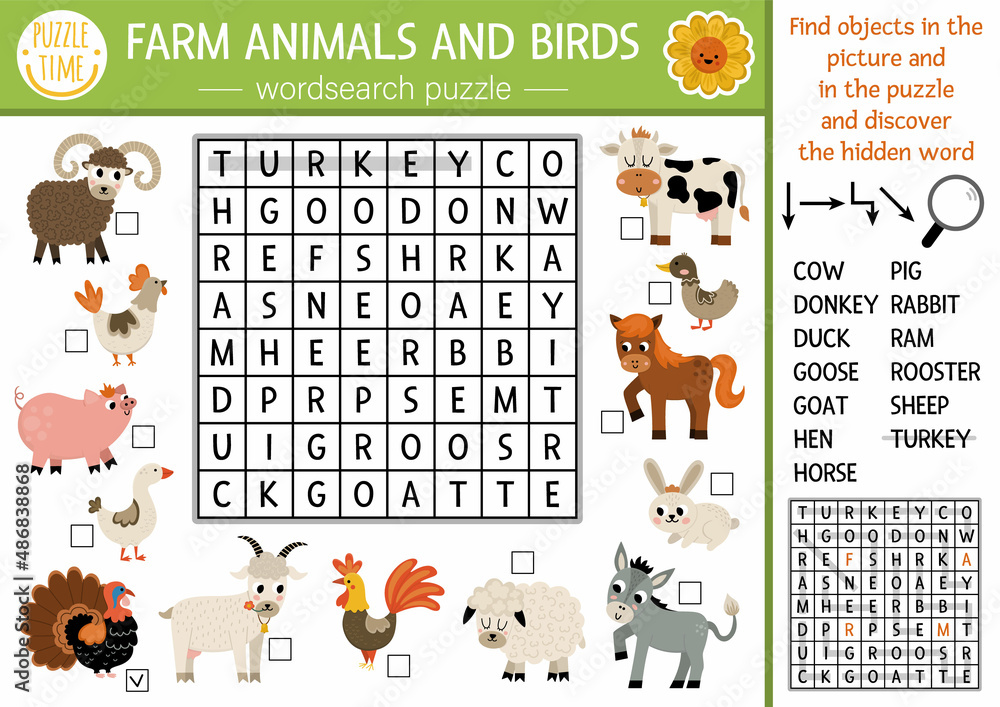 Vector farm animals and birds wordsearch puzzle for kids. Simple on the farm word search quiz for children. Country educational activity with cow, hen, pig, goat, horse. Rural crossword. Stock Vector | Vector farm animals and birds wordsearch puzzle for kids. Simple on the farm word search quiz for children. Country educational activity with cow, hen, pig, goat, horse. Rural crossword. Stock Vector |