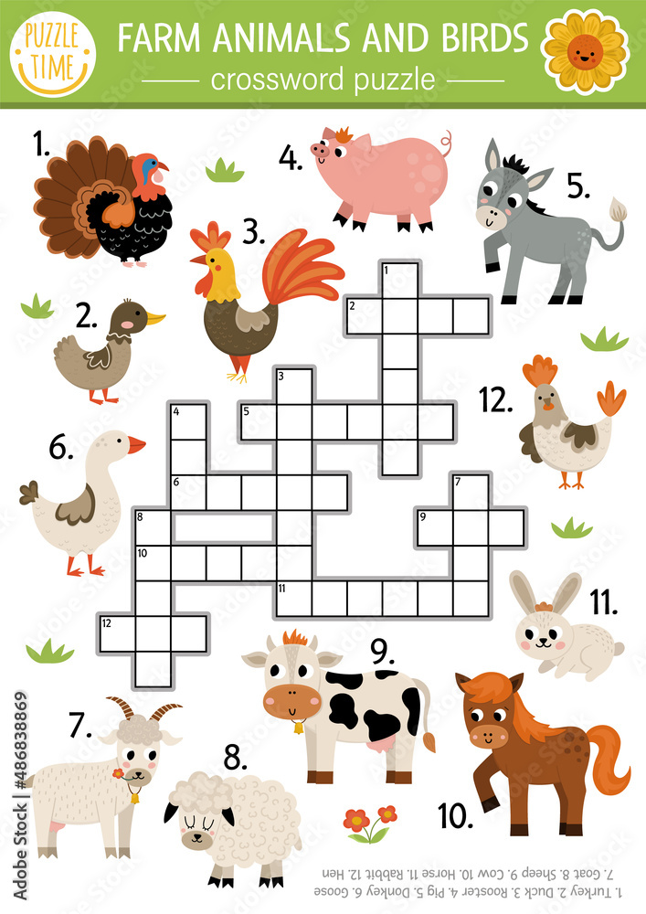 Vector farm animals and birds crossword puzzle for kids. Simple on the farm  quiz for children. Country educational activity with cow, hen, pig, goat,  horse. Rural village cross word with cattle. Stock