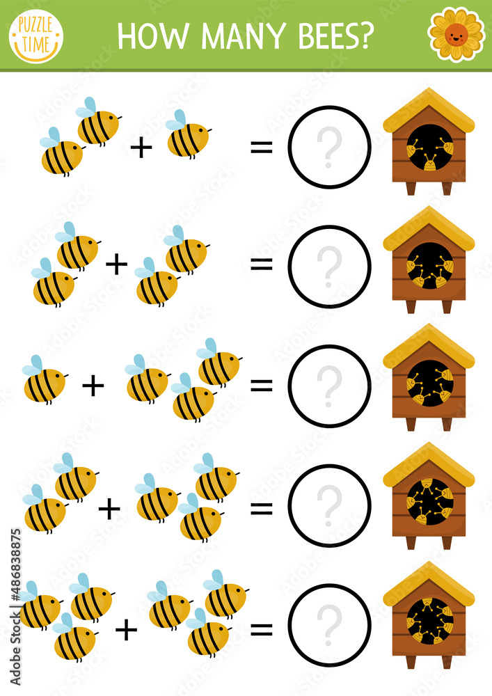 How many bees game with cute insects. On the farm math addition