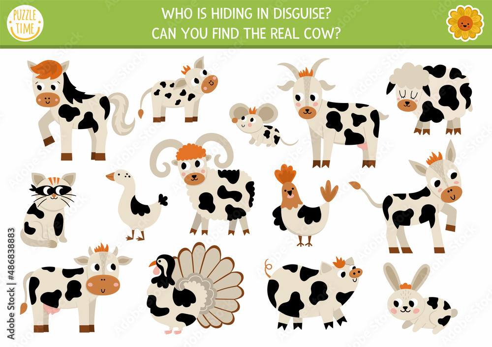 On the farm hide and seek game. Farm matching activity for kids. Rural  village seek and