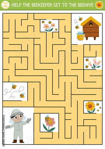 Farm maze for kids with beekeeper and beehive. Country side preschool printable activity with cute bees, flowers, honey jar. Spring or summer geometric labyrinth game or puzzle.