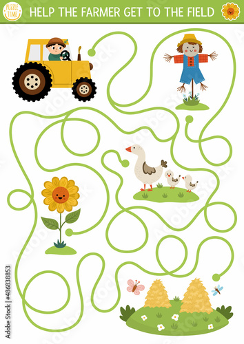 Farm maze for kids with cute tractor  scarecrow  sunflower  hay stacks. Country side preschool printable activity. Spring or summer labyrinth game  puzzle. Help the farmer get to the field.