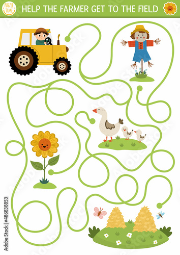 Farm maze for kids with cute tractor, scarecrow, sunflower, hay stacks. Country side preschool printable activity. Spring or summer labyrinth game, puzzle. Help the farmer get to the field.