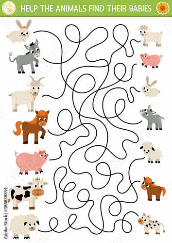 Fototapeta Naklejka Na Ścianę i Meble -  Farm maze for kids with animals and their babies. Country side preschool printable activity with cute goat, pig, horse, sheep, cow. Mothers day labyrinth game, puzzle with family love concept.