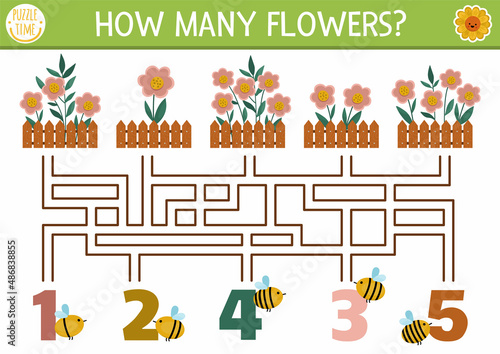 Farm or garden maze for children with flowerbeds, bees, fence. Countryside preschool printable counting activity. Spring or summer labyrinth game or math puzzle with cute flowers.