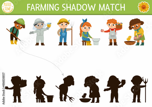 Farm shadow matching activity with cute kid farmers. Country village puzzle with beekeeper, market vendor, dairymaid. Find correct silhouette printable worksheet or game. On the farm page.