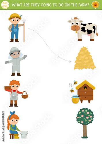 Farm matching activity with cute farmers and their chores. Country puzzle with cow, hay, beekeeper, market vendor, dairymaid. Match the objects game. On the farm match up printable page.
