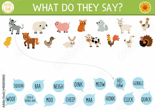 Farm matching activity with cute animals and animal sounds. Country puzzle with rabbit, cow, cat, hen, goat, pig. What do they say printable worksheet. On the farm match up page.