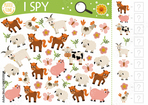 Farm animals I spy game for kids. Searching and counting activity with goat, horse, sheep, hen, pig, cow. Rural village printable worksheet for preschool children. Simple on the farm spotting puzzle. © Lexi Claus