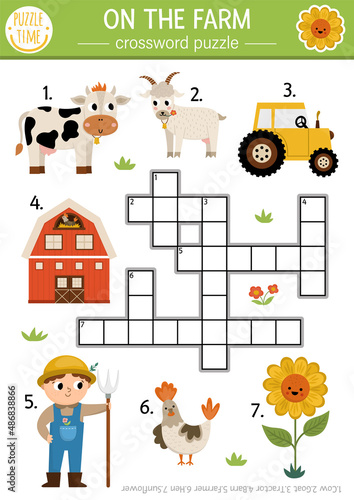 Vector on the farm crossword puzzle for kids. Simple farm quiz for children. Country educational activity with cow, farmer, tractor, barn. Rural village cross word with traditional symbols.