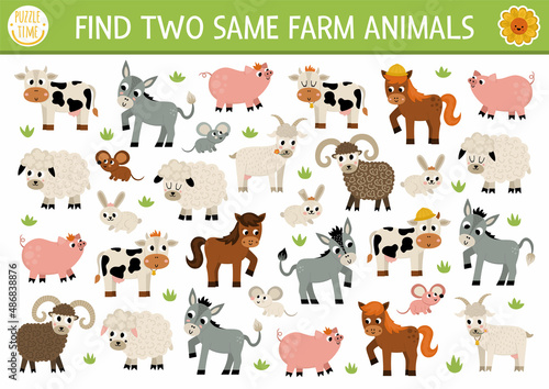 Find two same farm animals. On the farm matching activity for children. Rural village educational quiz worksheet for kids for attention skills. Simple printable game with cute pig, cow, goat, horse.