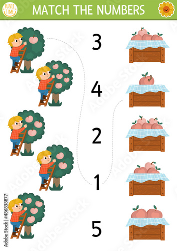 Fototapeta Naklejka Na Ścianę i Meble -  Match the numbers farm game with farmer picking apples. Rural country or garden math activity for preschool kids. On the farm educational counting worksheet with harvest and fruit tree.