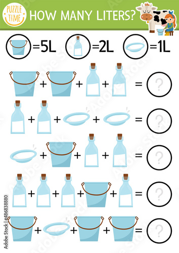 Farm how many liters game with funny cow, milk dairymaid. On the farm math addition activity for preschool children. Printable simple country counting worksheet for kids.