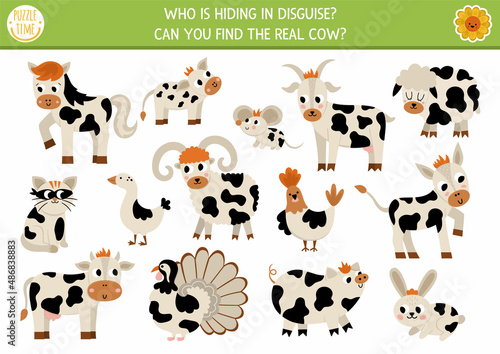 On the farm hide and seek game. Farm matching activity for kids. Rural village seek and find worksheet. Simple printable game with cute animals. Who is hiding in disguise. Find the real cow.