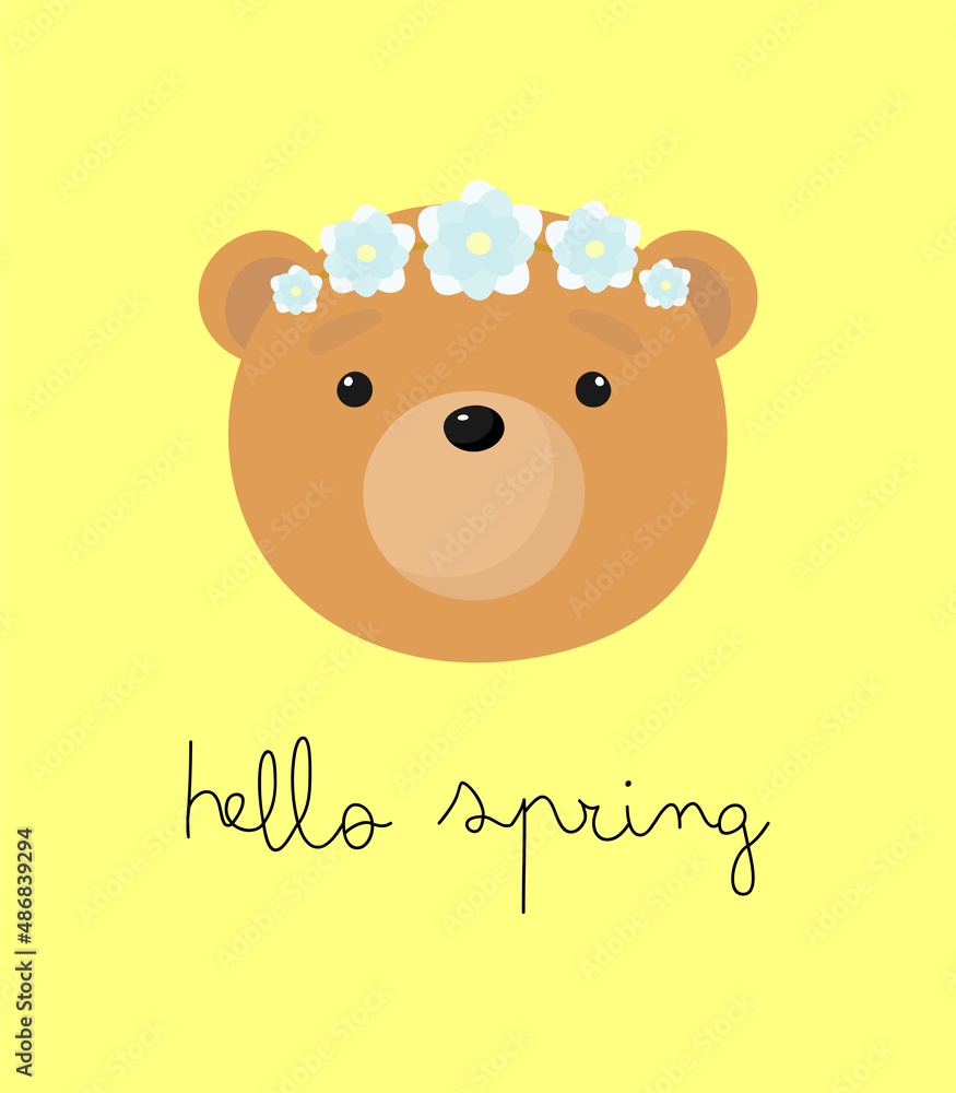 Cute Bear with flowers on the head. Vector illustration in cartoon style. For card, posters, banners, books, printing on the pack, printing on clothes, fabric, wallpaper, textile or dishes.