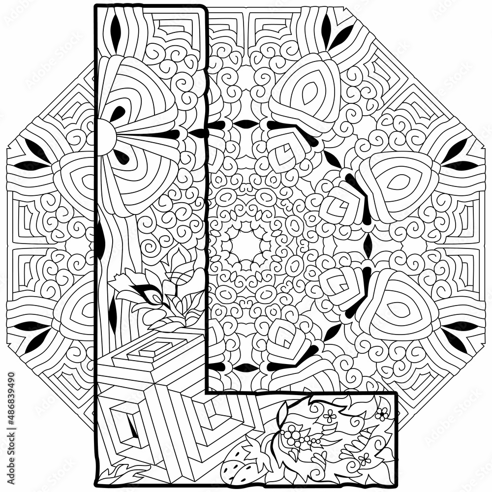 Letter L monogram, engraving design on mandala for coloring. Vector illustration.