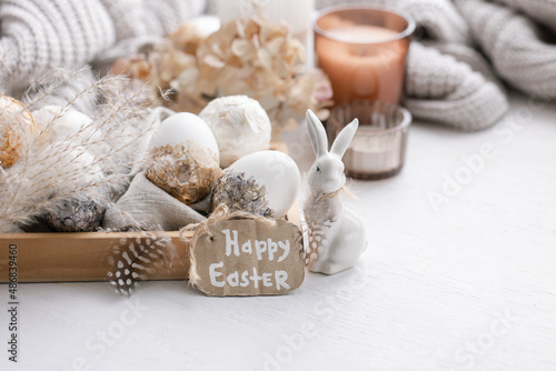 Photography Happy Easter background with pastel-colored decor details.