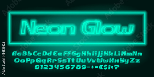 Neon glow alphabet font. Neon letters, numbers and symbols. Uppercase and lowercase. Stock vector typescript for your design.