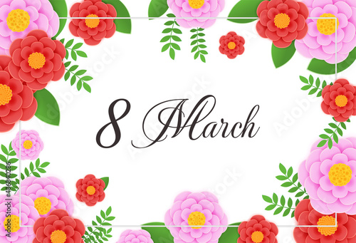 Banner for International Women's Day. Flyer for March 8 with flowers decor. Number 8 invitations in paper cut style using spring plants, leaves and flowers