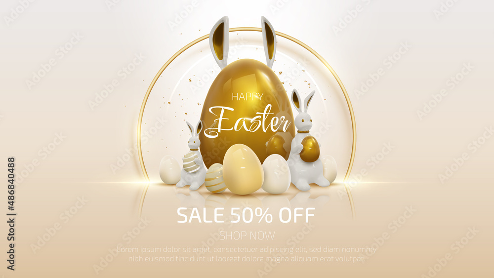 Foto Realistic 3d rabbit with easter golden egg elements with ribbon decorations