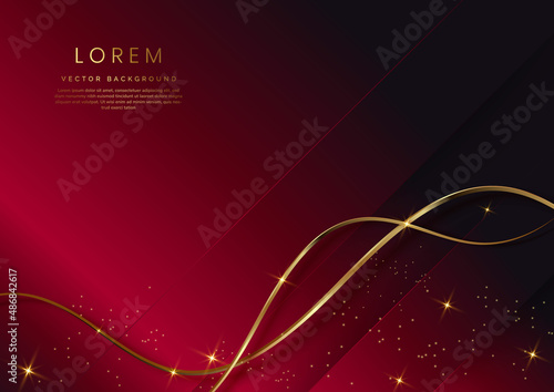 Abstract luxury red elegant geometric diagonal overlay layer background with golden curved lines glitter line light sparking.