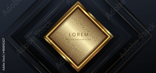 Abstract 3d luxury shiny dark blue background with lines golden glowing. Frame background.
