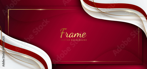 Abstract template red and grey geometric curved with golden line layer on black background. Luxury style. Frame background.