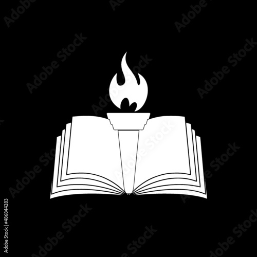 Book and torch education or library icon isolated on dark background