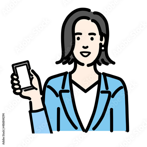スマートフォンを持っているスーツを着た若い女性
