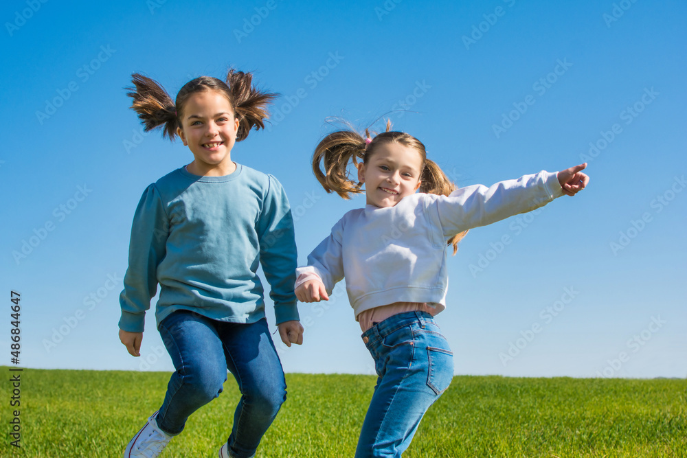 Two Little Girls Enjoying And Jumping On A Green Meadow With A Blue Sky On A Sunny Spring Day. One Has Blonde Hair And The Other Has Brown Hair And They Have Pigtails. Image With Copy Space.