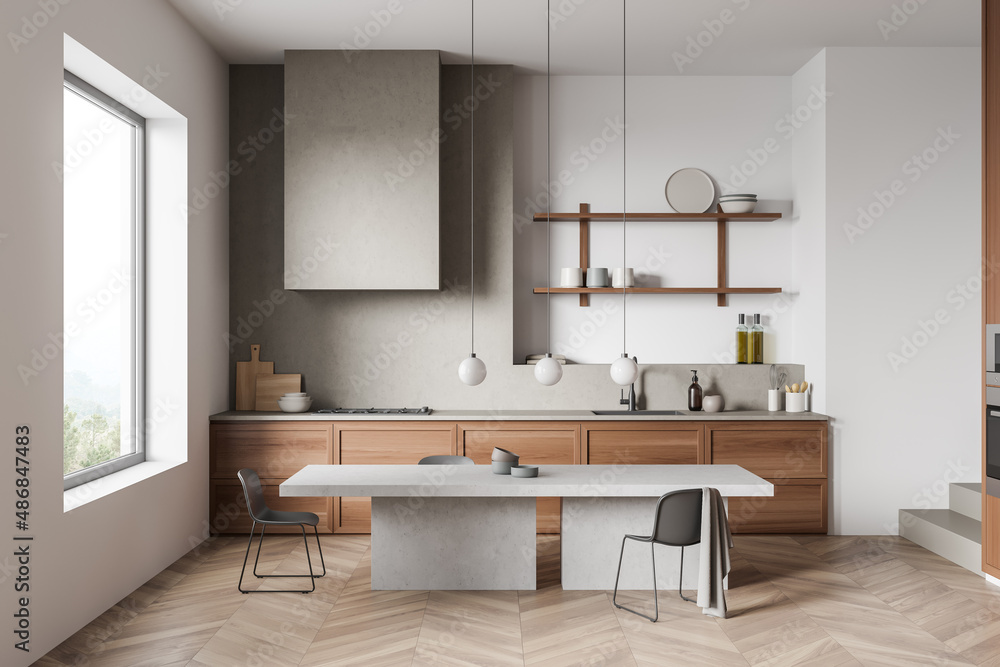 Dining interior with table and seats, shelves and panoramic window Dining interior with table and seats, shelves and panoramic window