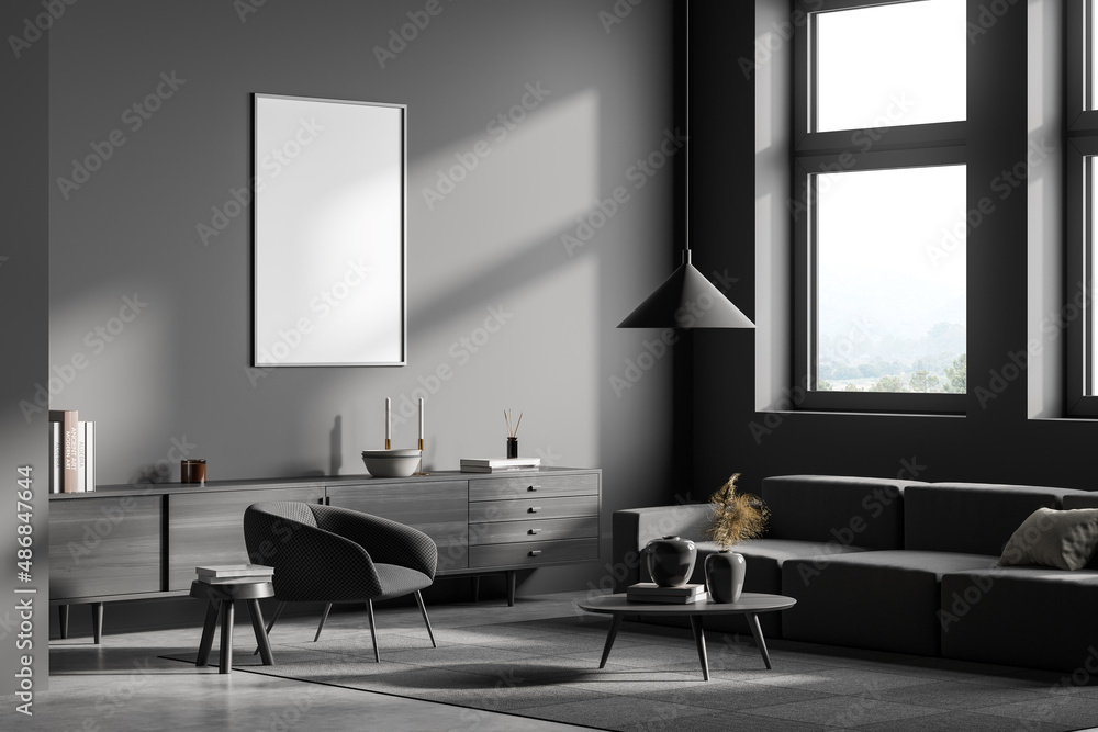 Grey relax room interior with seats and commode, window and mockup poster Grey relax room interior with seats and commode, window and mockup poster