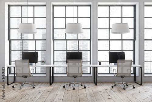 Office room interior with seats  table and pc  window with city view