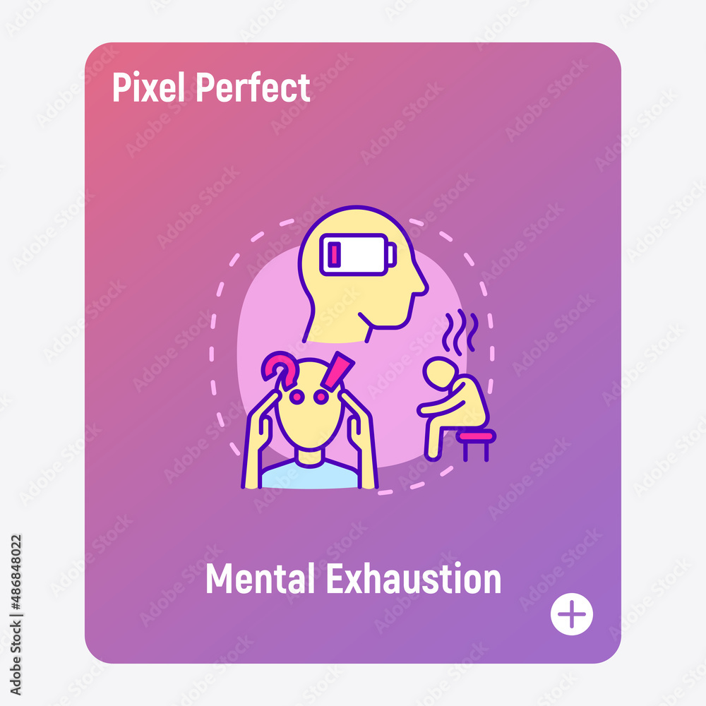Mental exhaustion concept with thin line icons, working fatigue, frustrated man, low battery. Depression, professional crisis, low activity. Vector illustration. Mental exhaustion concept with thin line icons, working fatigue, frustrated man, low battery. Depression, professional crisis, low activity. Vector illustration.