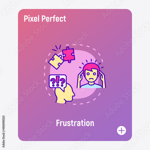 Frustration, emotional burnout concept with thin line icons, neurosis, exhausted, headache. Depression, professional crisis, low activity. Vector illustration.