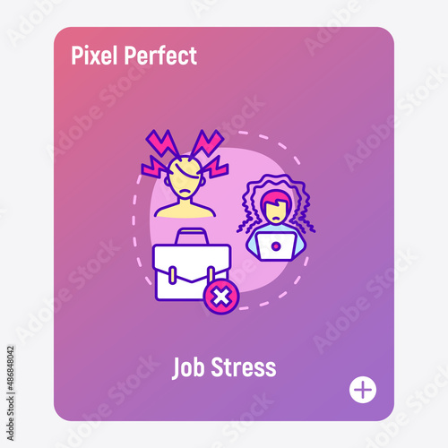 Job stress, burnout concept with thin line icons, working fatigue, overworked man. Professional crisis, low activity, deadline, annoyance. Vector illustration.