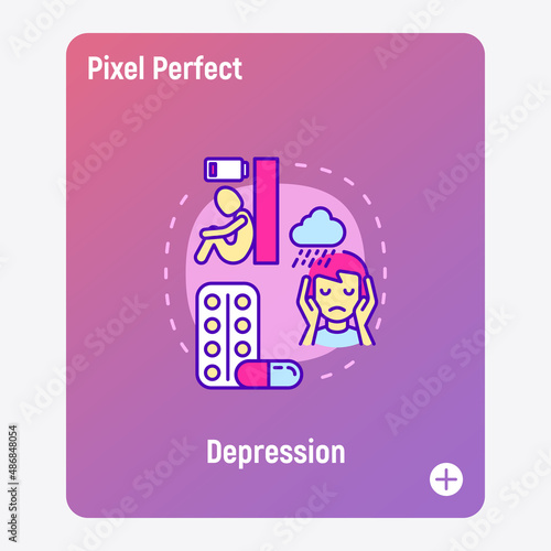 Depression concept with thin line icons, working fatigue, loneliness, scared man. Mental disease. Vector illustration.