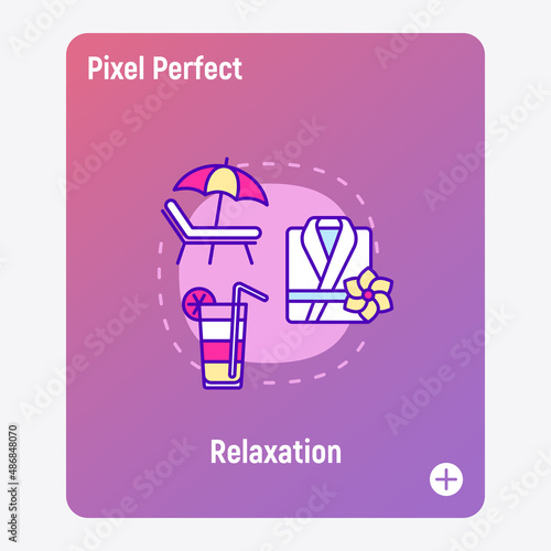 Relaxation concept with thin line icons, spa treatment, beach vacation, smoothie shake, bathrobe. Vacation in tropic climate. Vector illustration.