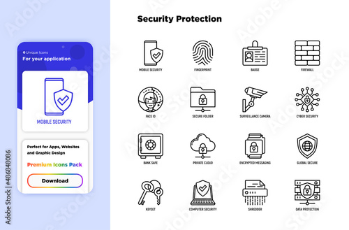 Security and protection thin line icons set: mobile security, fingerprint, badge, firewall, face ID, secure folder, surveillance camera, keyset, shredder, encrypted messaging. Vector illustration.