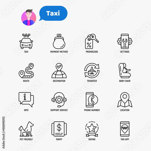 Taxi app thin line icons set: payment method, promocode, app settings, info, support service, phone number, location, pointer, route, destination, airport transfer, baby seat. Vector illustration.