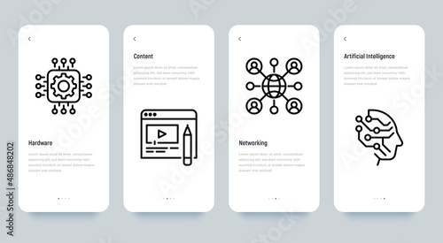 Metaverse thin line icons set: hardware, ai, content, networking. Pixel perfect, editable stroke. Vector illustration.