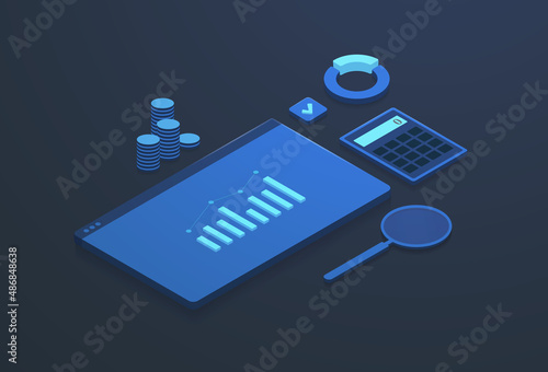 Data analytics Digital Marketing isometric concept. Dashboard Business finance report & seo analysis data analytics & statistics charts, calculator, magnifier, coins icons. Modern vector illustration