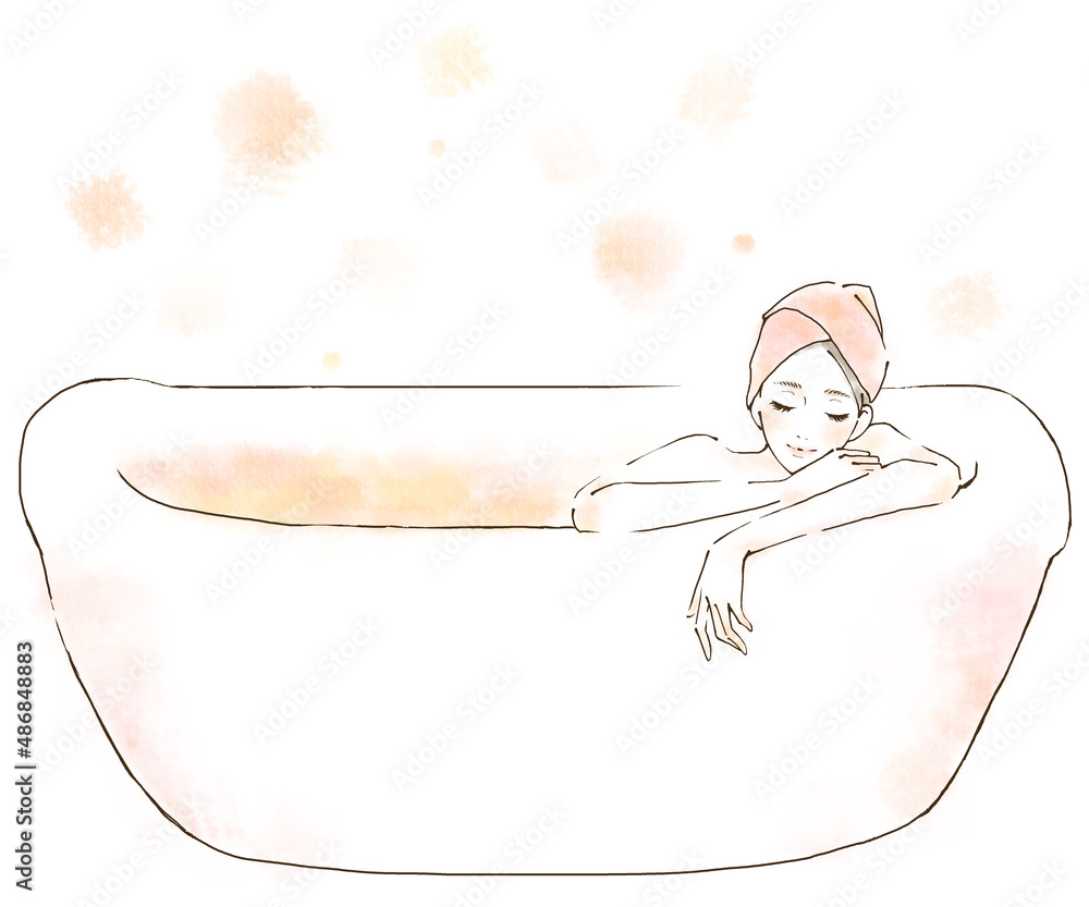 お風呂でリラックスする女性のイラスト 水彩風 バスルーム