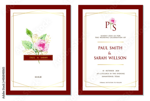 Wedding invitation card with rose minimal style templates burgundy theme.